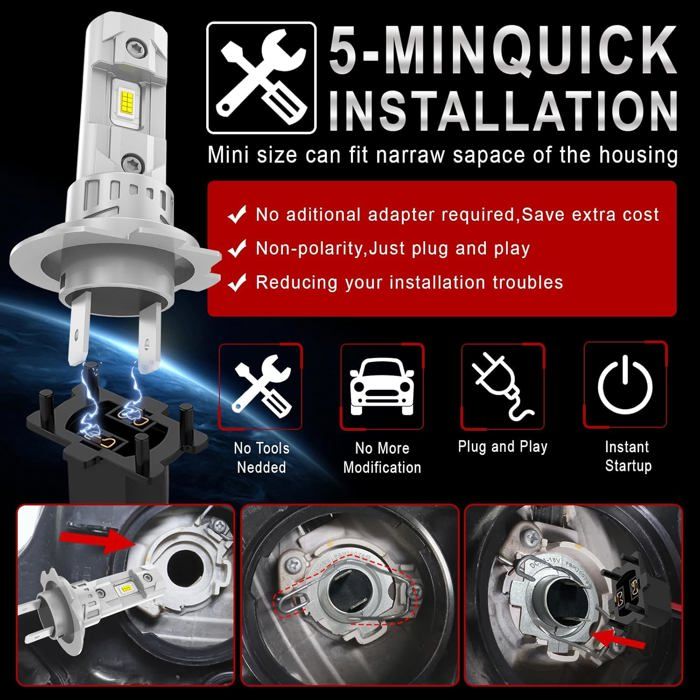 DZG LED H7 Ampoules 6000K Blanc H7 Kit De Conversion De Phare Feu De Brouillard Avant Pour Voiture, Remplacement De H7 Ampoules Halogènes Dans 12V Voiture Moto, 2 Lampes