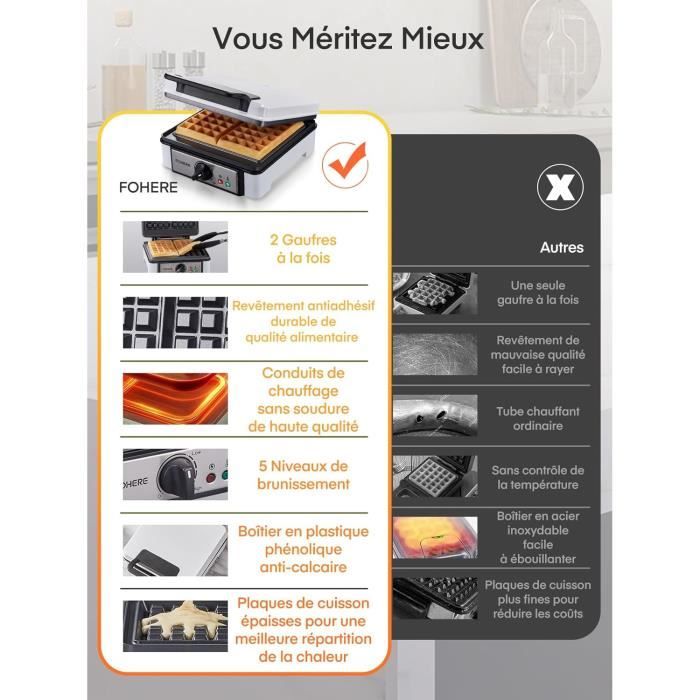 Gaufrier Belge FOHERE 1200W | Machine à Gaufres 2 En 1 | 5 Niveaux De Cuisson | Antiadhésif | Parfait Pour Petit-Déjeuner En Famille