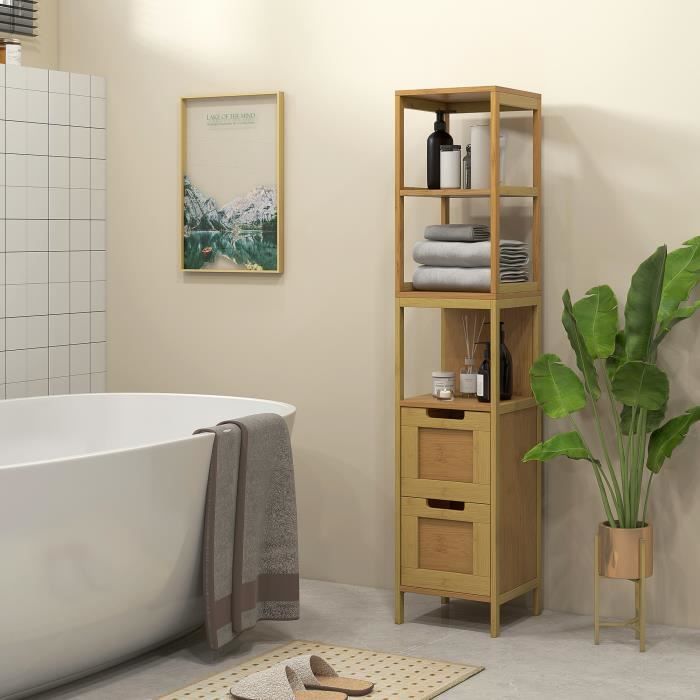 Meuble colonne rangement salle de bain bambou design naturel 36L x 33l x  140H cm 2 étagères 4 niveaux + placard