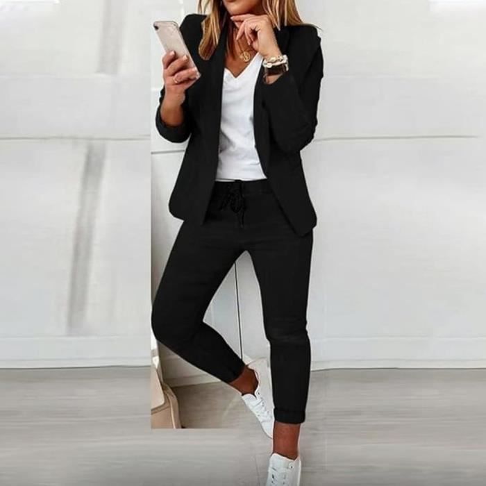 Costume de pantalon pour femme Ensemble d affaires Elegant a manches longues Noir Double boutonnage Noir Cdiscount Pret a Porter