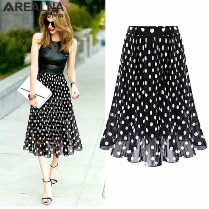 Jupe en mousseline de soie plissee a pois pour femmes Noir blanc Grande taille Harajuku Blanc Cdiscount Pret a Porter