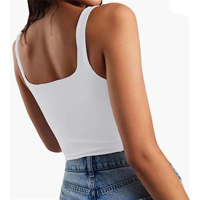 Débardeur Femme Crop Top Col Carré - Sans Manches Slim Fit - Polyester Double Couche - Style Y2K Tendance
