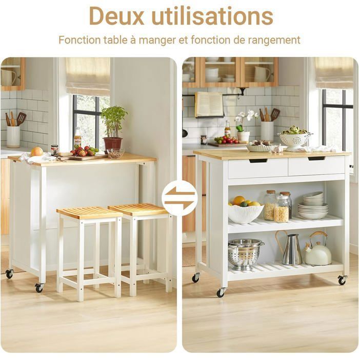 Îlot Central Cuisine FirFurd Avec Plan Rabattable – Desserte Roulante 132x60x40 Cm – 2 Tiroirs, 3 Portes, Étagères – Blanc