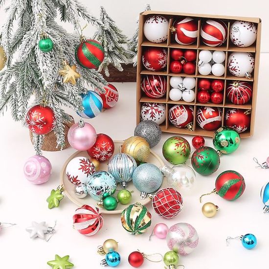 Lot De 130 Boules De Noël Incassables - Plastique, Tailles 3/4/6 Cm, Mat/brillant/pailleté, Avec étoile Et Accessoires