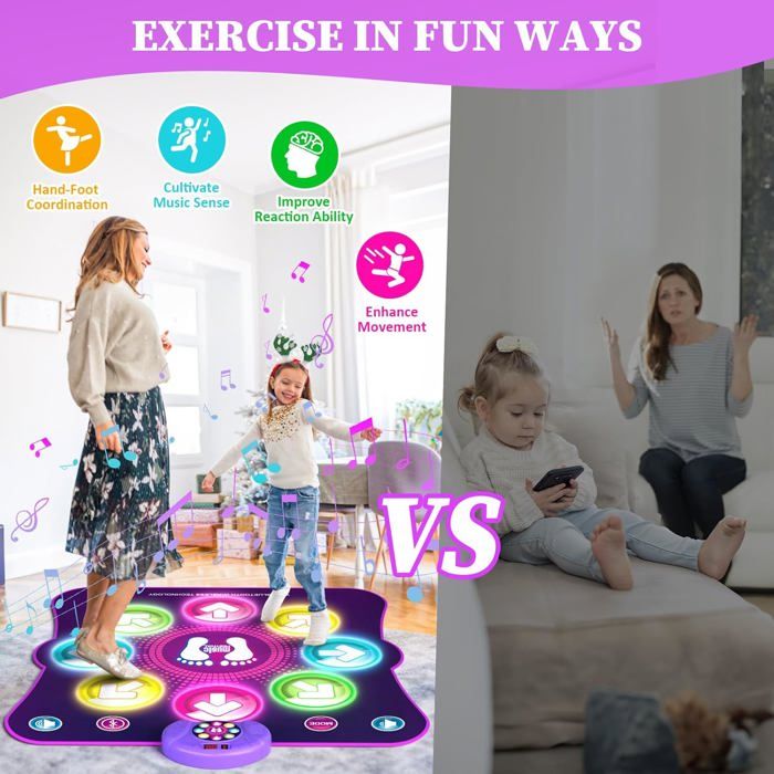 Wwtop Tapis De Danse Pour Enfants à Partir De 2 Ans, Cadeau, Tapis De Musique Bluetooth, Lumières LED, 5 Cartes De Mode De Jeu, Cadeau D'anniversaire