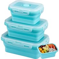 3 Pcs Boîte Hermétique Boîte Alimentaire Hermétique, Pliable, COCO Boîte à Lunch Pliante en Silicone - 350/500/800ML - Bleu