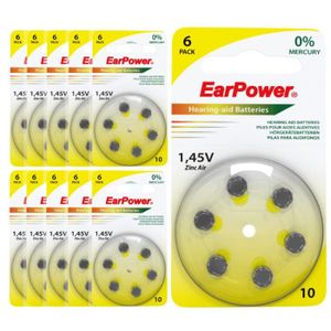 PILES 60 piles auditives EarPower A10- Lot de 10 Plaquet
