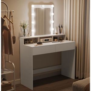 COIFFEUSE Coiffeuse, Miroir LED à Luminosité Réglable, 2 Tiroirs et 3 Compartiments, 100 x 40 x 145 cm, Blanc