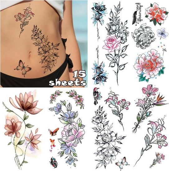 15 Feuilles De Faux Tatouages éphémères Fleurs Roses - Marque LEADTEAM, Pour Adultes