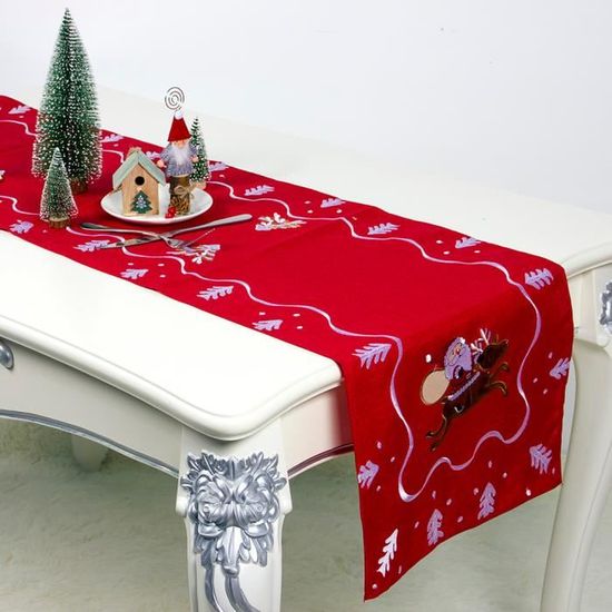 Chemin De Table Noël 183x33cm Rouge - Décoration Table Festive Moderne Joyeux Noël En Lin