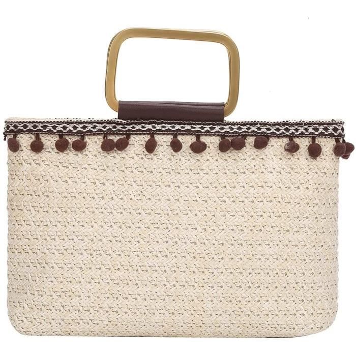 Sac Fourre-tout En Paille Tissé à La Main - Idéal Pour La Plage, Taille Moyenne, Couleur Khaki