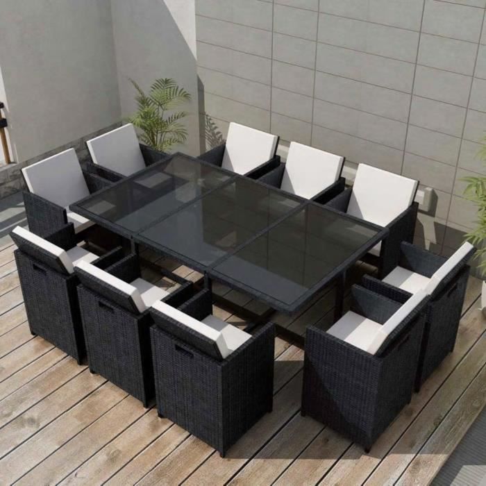 Mobilier de jardin 11 pcs avec coussins Résine tressée Noir