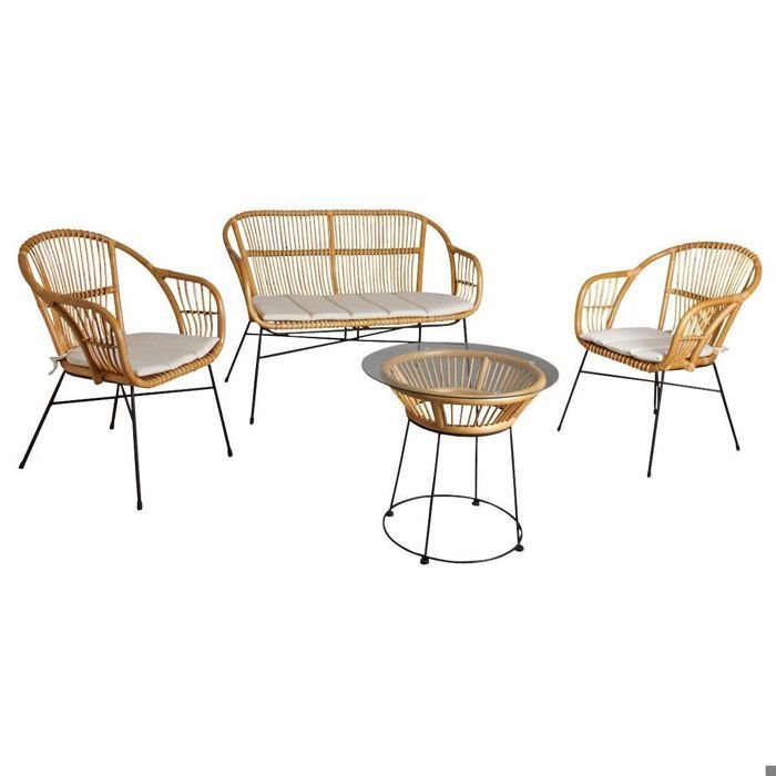 Salon de jardin en rotin 4 pièces table plateau en verre