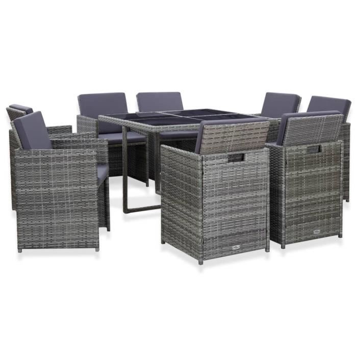 Nouveau Salon de jardin 9 pcs avec coussins Résine tressée Anthracite-MEY