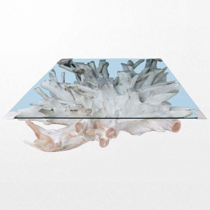 Table basse en teck et en verre de 80 x 80 x 43 cm