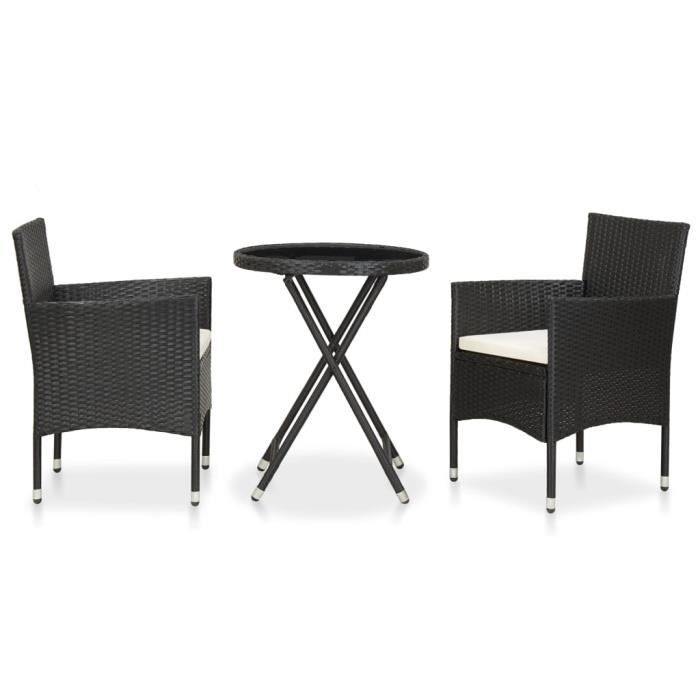 Mobilier de bistro 3 pcs - Salon de jardin Ensemble Table Et Chaise De Jardin Résine tressée et verre trempé Noir