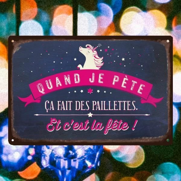 Plaque décorative métallique licorne paillettes - Cadeau Maestro Bleu Nuit Et Rose