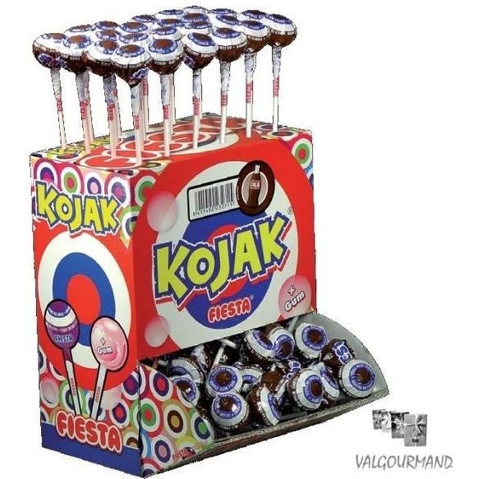 Sucette Kojak fourrée Bubble gum Cola. Sachet de 100 Pièces.