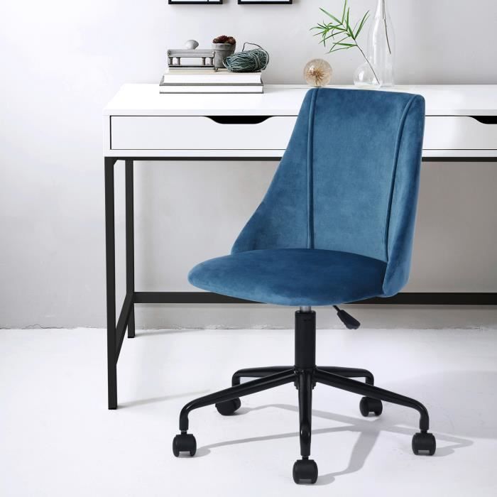 Chaise de bureau Velours Métal Bleu Noir Réglable Pivot Home Office Moderne Tendance Design Ergonomique Confortable