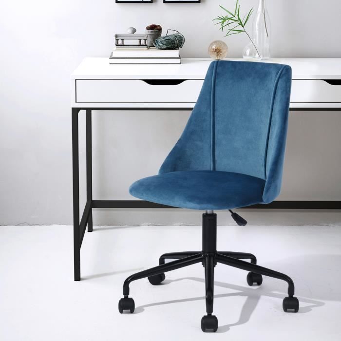 Chaise de bureau Velours Métal Bleu Noir Réglable Pivot Home Office Moderne Tendance Design Ergonomique Confortable