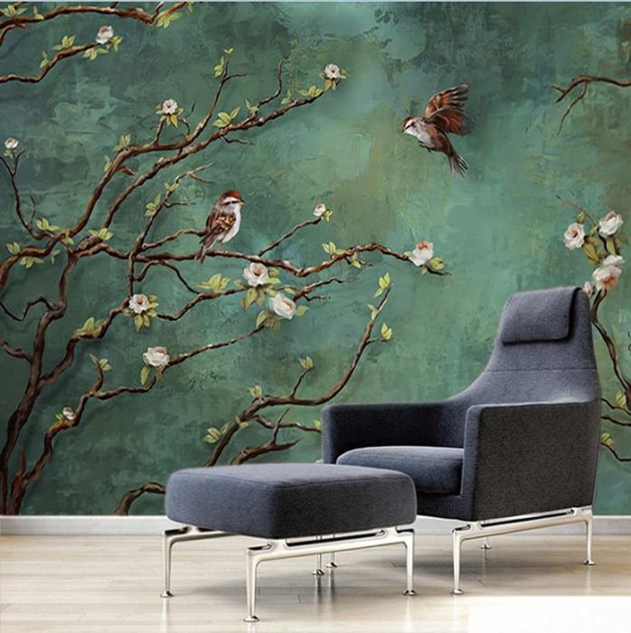 Papier Peint Panoramique Branche D'Arbre Vintage Fleur Oiseau Papier ...