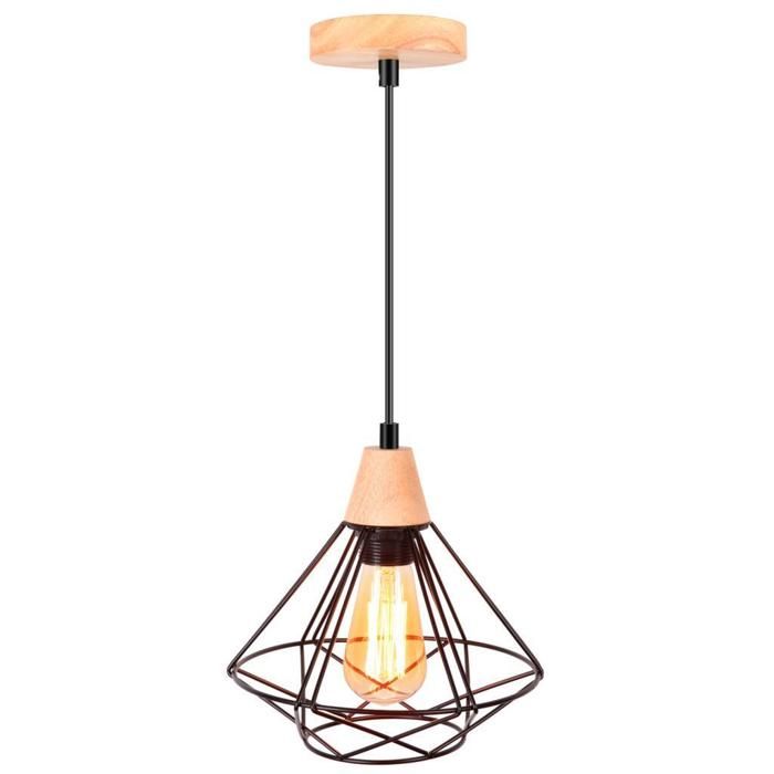 WOTTES 1PCS Lampe à Suspension Rétro en Métal et bois E27 Ø22cm Noir Cage Lustre Industrielle Luminaire Créatif pour Cuisine
