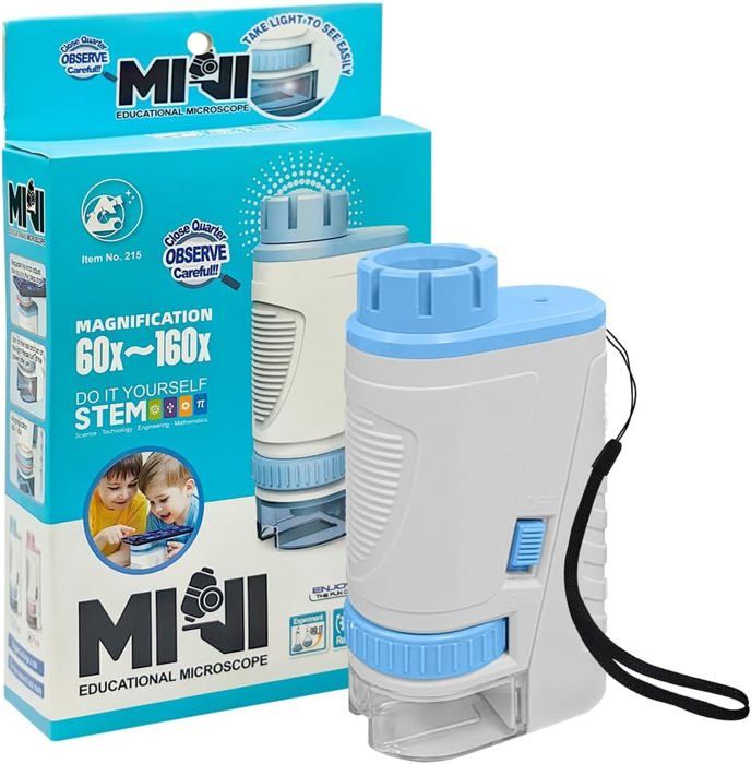 Microscope De Poche Enfant 60-180x Avec Lumière LED – Portable, Support Téléphone, Jouet Scientifique Éducatif 6-12 Ans