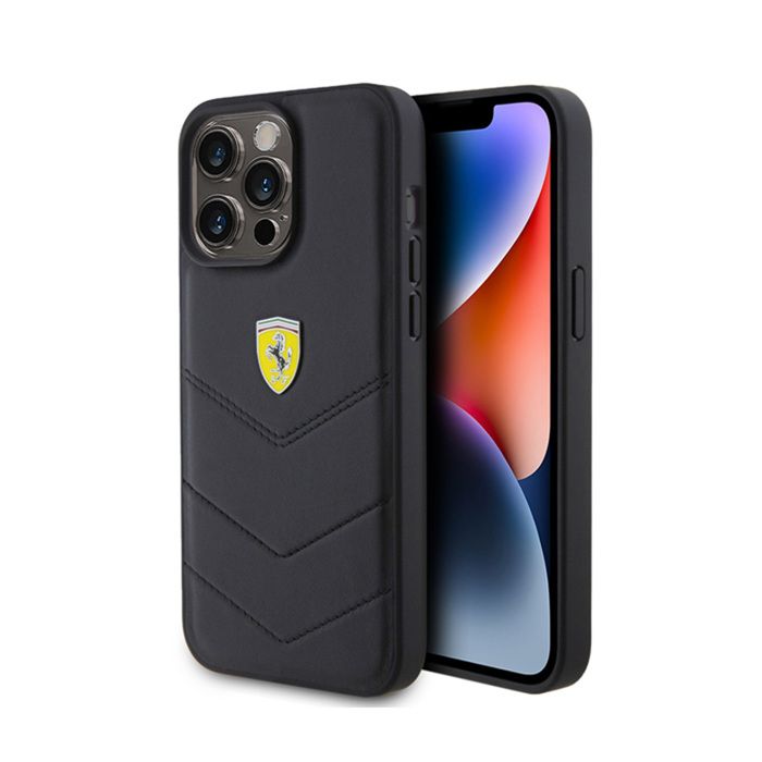 Coque de téléphone - FERRARI - iPhone 15 Pro Max - Matelassé - Noir - Logo en métal