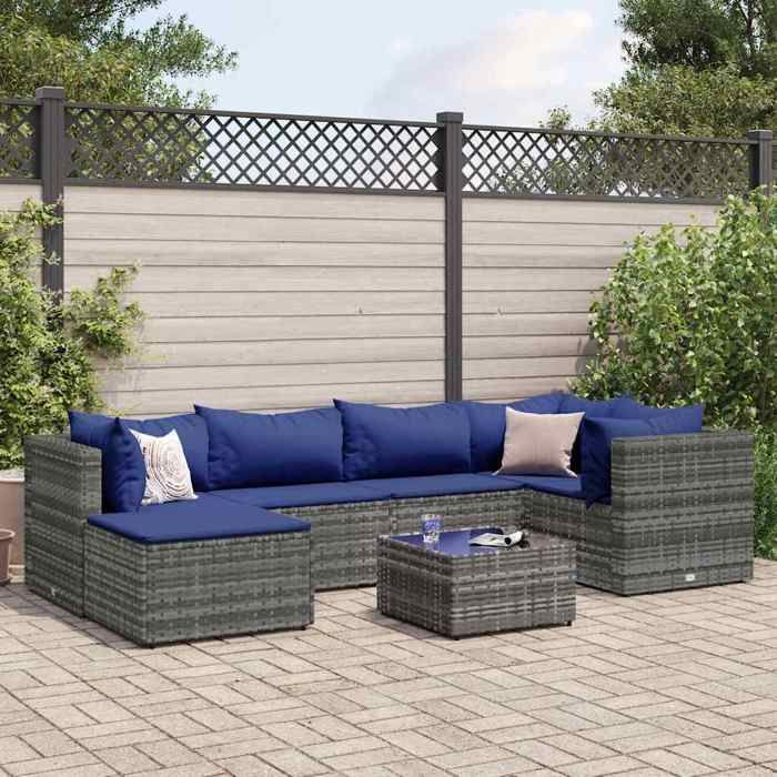vidaXL Salon de jardin 7 pcs avec coussins Gris Résine tressée ensemble de canapés dextérieur canapé dangle de jardin 3308223