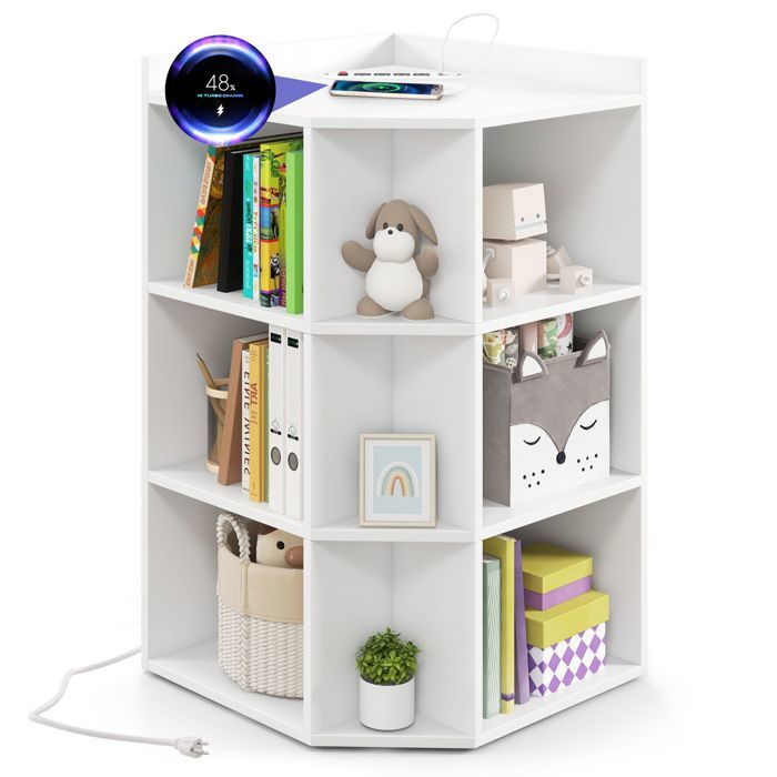 GOPLUS Bibliothèque dAngle avec Station de Charge-4 Prises/2 USB-3 Niveaux avec 9 Casiers-51x71 5x86CM Blanc
