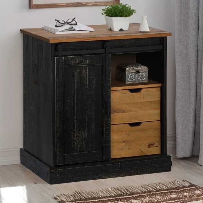 vidaXL Buffet HALDEN porte coulissante noir 80x40x80 cm bois massif armoire de rangement armoire de rangement de cuisine 4018420