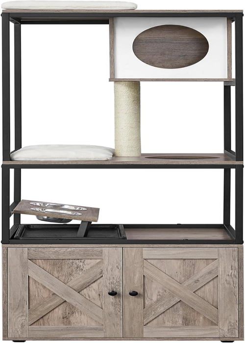 Comparer les prix de Arbre À Chat,Maison Pour Chat Avec Cache-Litière,Gamelles Surélevées,Poteau À Griffer En Sisal,Tapis Lavables,Grège Pct312G01