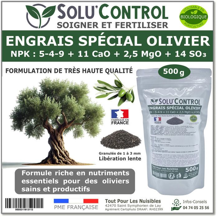 ENGRAIS Spécial Olivier SoluControl 500 G | NPK 5-4-9 + Calcium, Magnésium | Organo-Minéral, Utilisable En Agriculture Biologique