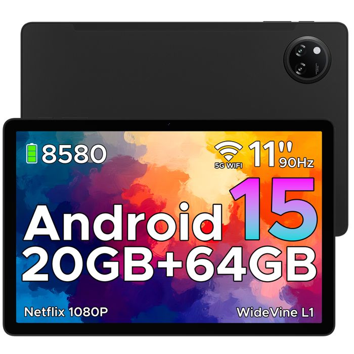 Tablette Tactile DOOGEE TAB A9+ 11 Android 15 20 Go RAM 64 Go ROM Batterie 8580 mAh Caméra 13MP Déverrouillage Facial – Noir