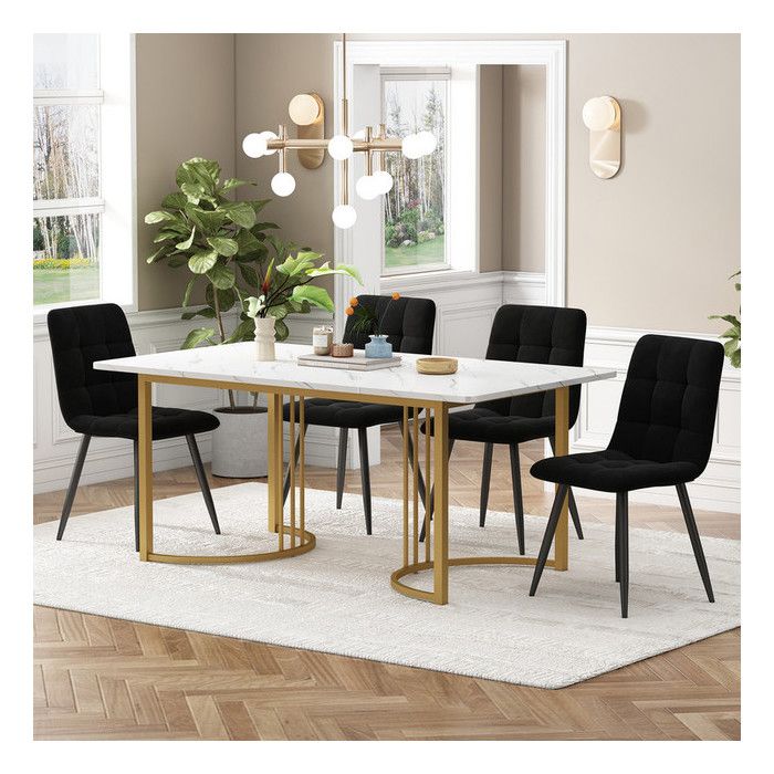 Ensemble Table et Chaises Salle a Manger 140x80 cm Pieds de Table dorés Table a Manger avec 4 Chaises en Velours Noir