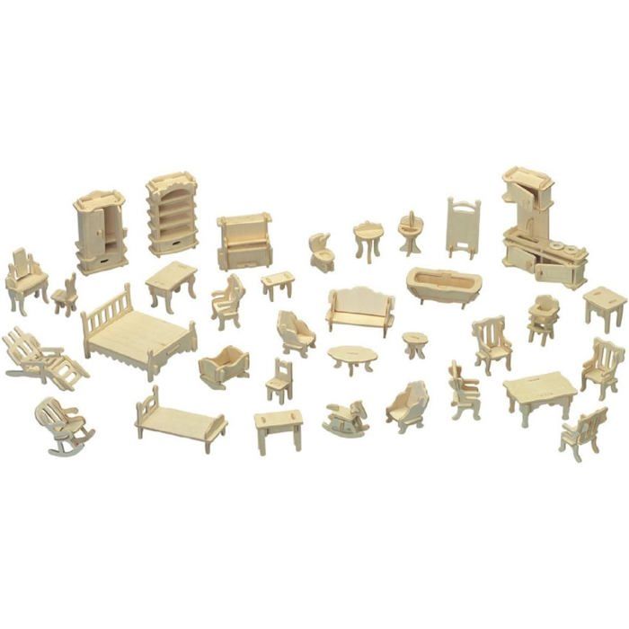 Maison de Poupée en Bois - Kit Miniature 3D Laser (184 Pièces, 34 Meubles) - Meubles Miniatures, Jouet - Jeux - Jouets