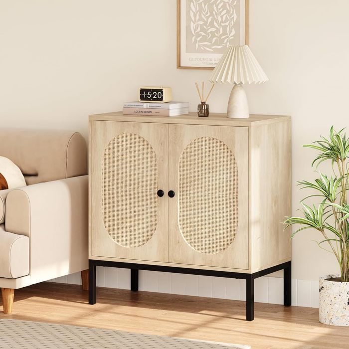 Buffet de rangement - HOERFURIY - 80x40x83cm - 2 portes - Rotin naturel - Style scandinave