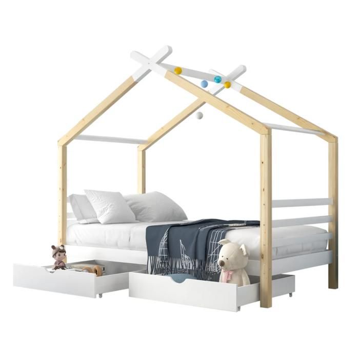 MEUBLES COSY Lit cabane enfant 90x200 cm blanc et bois en bois massif avec sommier à lattes et 2 tiroirs de rangement (sans