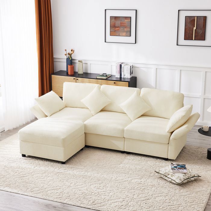 Canapé dangle - Convertible - Beige - Tissu chenille - 3 places - Accoudoirs réglables