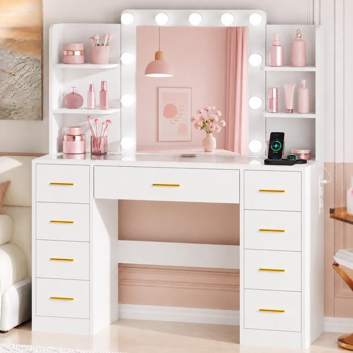 BEWISHOME Coiffeuse Blanc avec Miroir LED Plateau en Verre 9 Tiroirs de Rangement 2 Ports USB et 2 Prises 105 x 40 x 140 cm