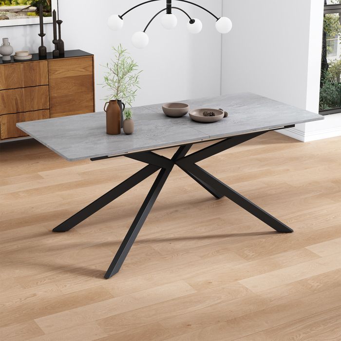 Table à manger extensible - MODERNLUXE - Pieds croisés en fer forgé - Plateau à motif de ciment - Gris & Noir