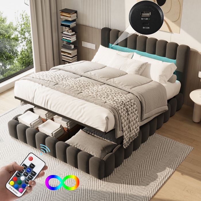 Lit double 140x200 cm - SUNFECILI - Gris - Avec bande lumineuse LED - Chargement USB - Tête de lit incluse