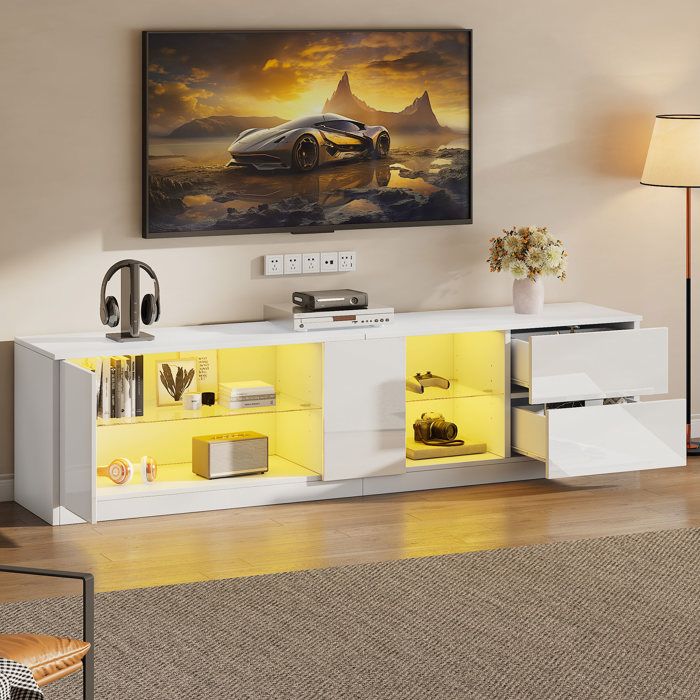 Meuble TV bas 160x40x52 cm 2 tiroirs 1 porte rangement étagères verre trempé LED MDF blanc