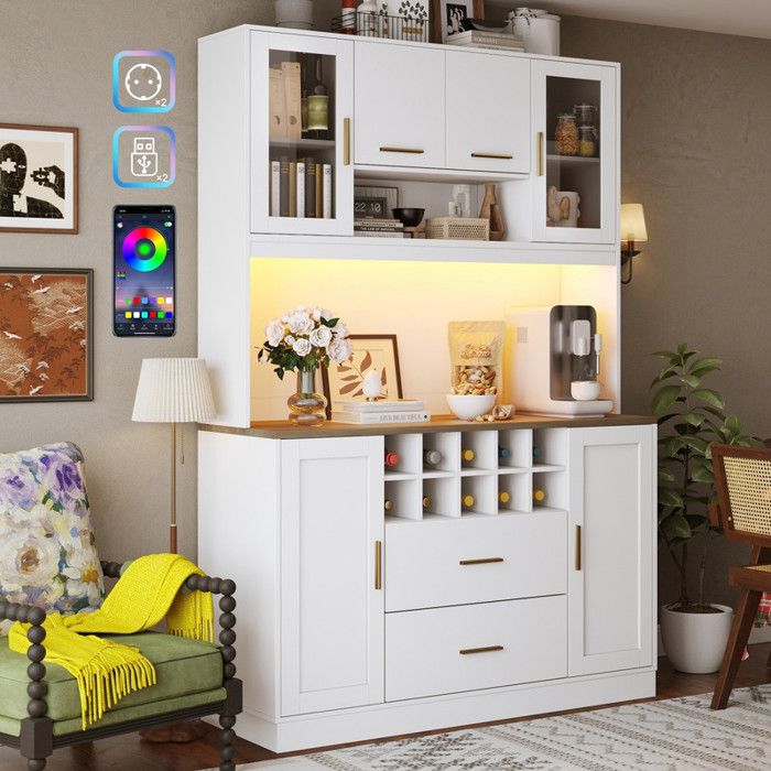 Buffet Cuisine Haut 120 cm avec LED Buffet Salle a Manger avec 2 Prises et 2 USB Meuble de Rangement Cuisine Scandinave Blanc