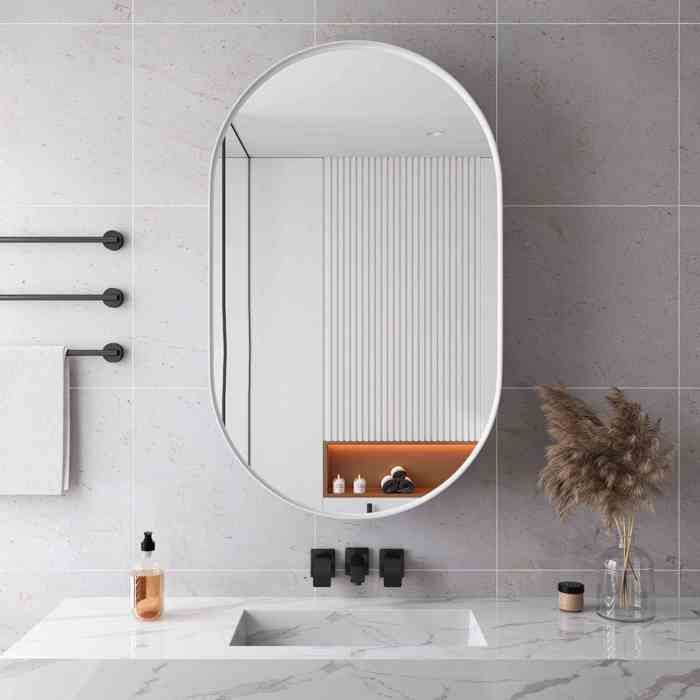 Armoire murale miroir ovale blanche avec rangement - Cadre métallique tablettes réglables pour salle de bain/chambre