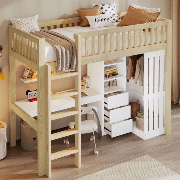 Lit Mezzanine Enfant - MERAX - 90x200 cm - Bois Pin Massif - Bureau Intégré - Garde-robe et 3 tiroirs Lit Mezzanine Enfant - MERAX - 90x200 cm - Bois Pin Massif - Bureau Intégré - Garde-robe et 3 tiroirs