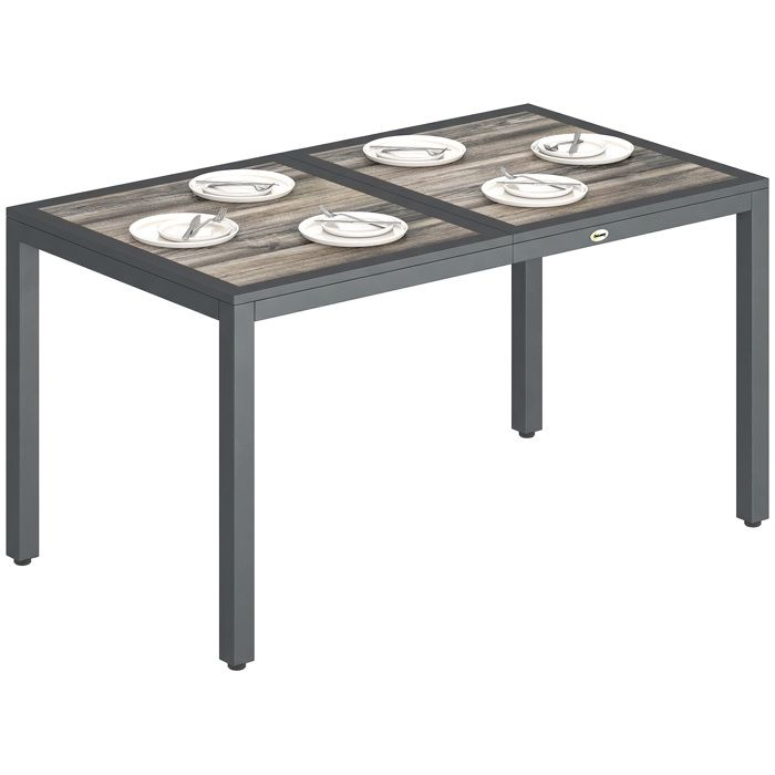 Table de jardin - Outsunny - 4 à 6 personnes - rectangulaire - plateau à effet bois et pieds en acier - 140 x 80 x 72 cm - gris