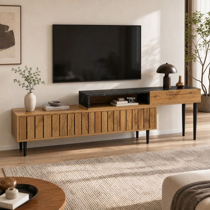 Meuble TV extensible design marbre et bois - ELVMI - rangement avec pieds en fer et PVC MDF bois naturel 129×30×58 cm