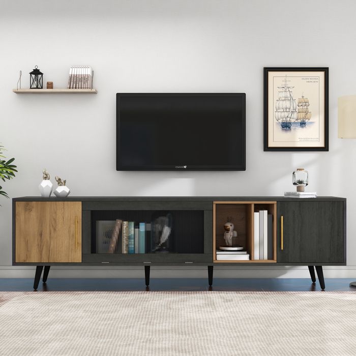 Meuble TV - HIBA - 200×40×555 cm - Porte vitrée rabattable - Pour TV jusquà 90 - Bois foncé & gris