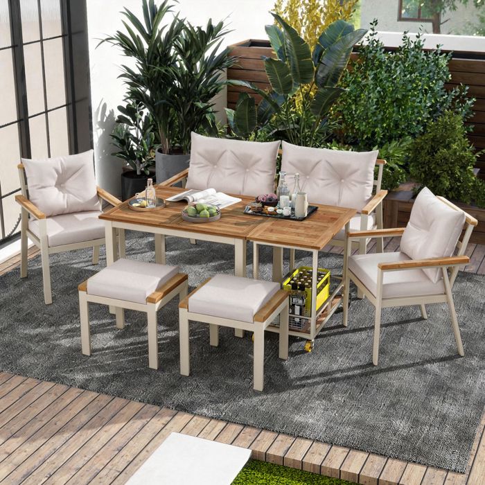 Ensemble table et chaises de jardin - Acacia 6-7 places - Fer galvanisé - Coussins déperlants - Desserte amovible
